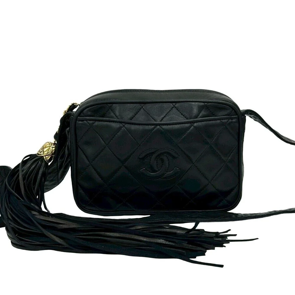 CHANEL Black Lambskin Leather Logo Shoulder Bag